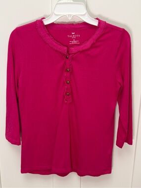 Talbots Petite Ruffle Henley Top in Fuchsia Pink